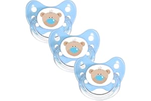 Dentistar® Silicone Soother Set of 3 - Size 1 for 0-6 Months - Tooth and Jaw Friendly Silicone Soother with Dental Step - Blue with Bear Motif - BPA Free Baby Accessories - Made in Germany