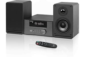 LONPOO Micro Stereo System for Home, 100W Hi-Fi Bookshelf Speskers System (CD Player, FM Radio, Wireless Bluetooth, USB Playback, AUX, Headphone Jack, 2-Way Clear & BASS Sound)