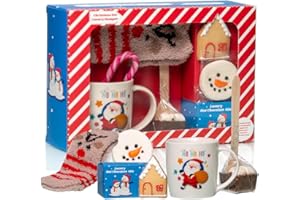 ICMINDS GIFTS Christmas eve luxury gift hamper kids Christmas hot chocolate and marshmallow gift hamper with snowman or reindeer socks, gingerbread house, candy cane, snowman mug and more gift set for kids toddlers