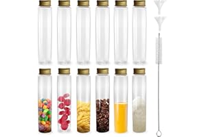 Prebarfun 12 Piezas Tubos de Ensayo Plástico, 110 ml Probetas Plastico Transparente y 1 Cepillo de Limpieza, Tubo de Ensayo de Laboratorio con Tapa, Pequeñas Botellas de Cristal para Dulces Líquidos
