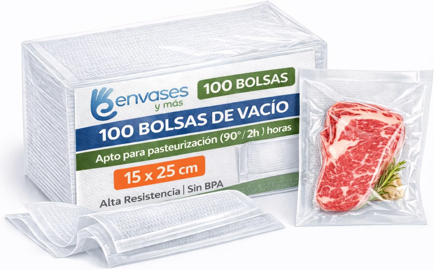 Envases y Más Bolsa De Vacío Gofrada Para Alimentos Compatible Con Máquinas De Envasado Domésticas Sellado Hermético Alta Resistencia Apto Sous Vide Y Conservación Prolongada (150/250 mm 100 Bolsas)