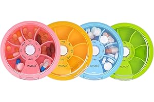 INVODA Pudełko na tabletki 7-dniowy podróżny organizer na leki, tygodniowy pojemnik na pigułki, obrotowy organizer na pigułki, okrągły śliczny futerał na tabletki, pojemnik na witaminy na olej rybny (4 szt.)