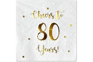 HAPPY PALACE Cheers to 80 Years Cocktail Napkins | Happy 80th Birthday Decorations for Men and Women and Wedding Anniversary Party Decorations | 50-Pack 3-Ply Napkins | 5 x 5 inch folded (White)