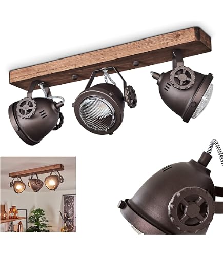 Pehefito Deckenleuchte Industrial Design – 6-flammig, Metall/Holz, Schwenkbar, Für GU10 Leuchtmittel, 94 Cm Lang