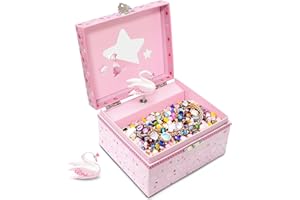 DWIYITTN Musical Jewellery Box for Girls – Pink Swan Design with Star Mirror & Butterfly｜First Keepsake Gift for Age 5, 15 x 13 x 9 cm – Jewellery Not Included