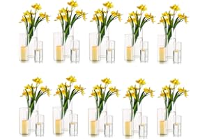 Vases Cylindriques en Verre pour Décoration de Table, Hewory 30pcs Clear Vase Set for Decoration Mariage, Vase Transparent Verre Hurricane Candle Holders for Decoration Maison Home, 10/15/20cm H