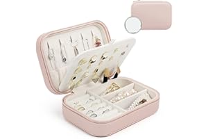 BELICOO Jewellery Box Organiser Small Travel Jewellery Storage Case with Mirror for Earrings, Rings, Necklace Portable Faux Leather for Women Girls (Pink)
