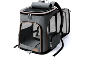 Lekesky Expandable Cat Carrier Backpack - Portable Breathable Rucksack for Medium and Small Cats & Dogs, Foldable with Inner Escape-proof Leash and Pet Mat, Supports 15 lbs (Grey)