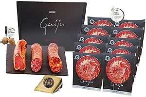 Lot ibérique - jambon (palette) 4-4,5 kg et tranche d'appât 600 g + saucisse 600 g et saucisson 600 g + cale de fromage terre de saveur - IBÉRIQUES DE BELLOTA. SALAMANCAGE Marque : GUIJU.
