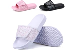 ydscsci Girls Slide Sandals Glitter Sequins Pool Sliders Kids Shower Slippers Beach Flip Flops Hook and Loop Non-slip Thick sole Little Kid