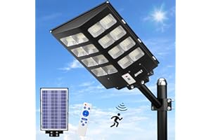 JAYNLT 1000W Lampione Solare Led Esterno, 6500K Faro Stradale con Pannello Solari, IP67 Impermeabile Luci Solari di Sicurezza, Lampioni Stradale con Sensore Movimento per Sentieri, Vialetti, Giardino