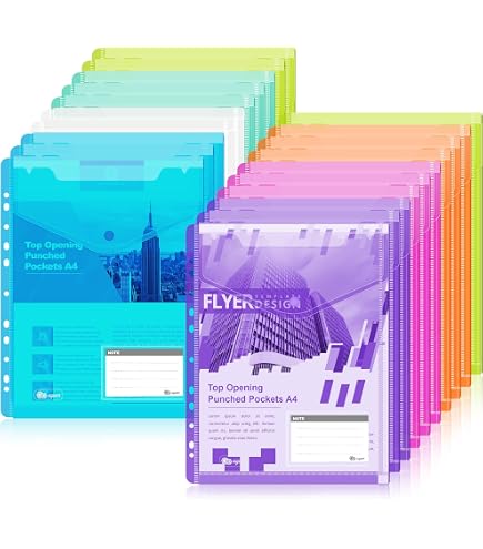 Pochettes Plastiques Perforées A4 - Lot De 50 En 5 Couleurs - Polypropylène 50 Microns