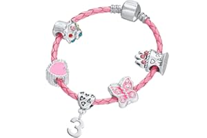 JEWELLERY HUT Children's Pink Leather Happy 3rd Birthday Charm Bracelet with Gift Box - Girl's & Children's Birthday Gift Jewellery