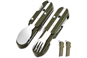 LEIKURVO Lot de 2 couverts de camping pliants en acier inoxydable 5 en 1 - Ouvre-bouteille - Couverts de camping comme couteau, fourchette, cuillère - Couverts portables