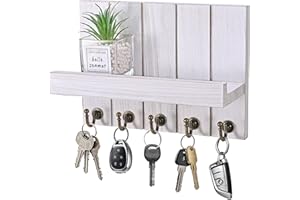 Jemyxhw Schlüsselbrett, Wand Deko, Schlüsselbrett mit Ablage, Schlüsselaufbewahrung mit 5 Schlüsselhaken, für Eingang, Flur, Schlafzimmer, Wohnzimmer (Altes Weiß)