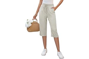 Auffortria Damen Leinen Sommerhose 3/4 Casual Leichte Baumwolle Leinenhose Bequeme Luftige Locker Freizeithose Strandhose Mit Taschen