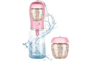 A ABLUMEN Dog Drinking Bottle for Travel, 550 ml, Dog Water Bottle for Travel, Water Bottle for Dogs and Cats, Dog Water Bottle to Go, Water Bowl on the Go 550 ml + 100 g Food Container (Pink)