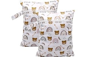 YNR Lot de 2 grands sacs à langer avec fermeture éclair - Réutilisables, humides et secs - Pour bébé - Voyages, voyages, voyages, couches pour tout-petits, natation, fitness, Blanc avec marron et tons