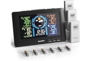 Station météo radio Raddy WF-80C avec 3 capteurs extérieurs Écran couleur numérique 7,5'', thermomètre hygromètre baromètre, avec horloge radio DCF, prévisions météo, rétroéclairage réglable
