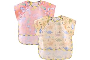 Jadin Bavaglini Pappa Svezzamento, 2Pcs Bavaglini Impermeabili, Bavaglini Neonato con Velcro Regolabile in Larghezza, Bavaglini con Maniche Corta per Bambino da 6 Mesi a 3 Anni Nutrono, Giocano