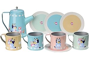 MICKI Bluey naczynia do zabawy dla dzieci – naczynia dla dzieci w kolorowym wzornictwie, zabawny zestaw do herbaty, idealny do kuchni zabaw, zawiera kubki, talerze i dzbanek do herbaty, odpowiednie dla