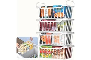 WELDUN Cestas de congelador con asa plegable, paquete de 4 organizadores apilables para cofre pequeño de 99 L y 198 L, contenedores de almacenamiento de metal con uso de espacio, color blanco