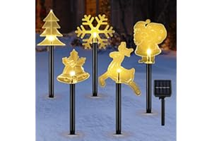 Lewondr Solar Christmas Pathway Lights, 5 PCS Solar Christmas Decorations Outdoor with 2 Lighting Modes, Santa Tree Bell Snowflake Reindeer Lights with Garden Stake, Waterproof Yard Lawn Holiday Decor