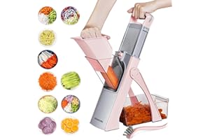 VEGGURU Cortador de verduras más seguro para cocina, mandolina de grosor ajustable, cortador de cebolla, cortador de papas, juliana, cortador de tomate, cortador de frutas (rosa)