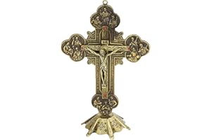CUEI Crucifijo de Pie, Estilo Vintage, Crucifijo de Metal con Clavos de Jesús, Cruz de Pared con Base Estable de Bronce, Decoración de Arte de Mesa Atractiva Roja con Incrustaciones para Regalo Católico