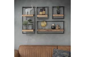 ‎FAMLIGHTS Ringo-Living Vintage Wandregal Holz mit Metall 4er Set, Deko Holzregal Industrial Regal, Tv Wandregal hängend, Wanddeko Wohnzimmer, Schlafzimmer, Esszimmer, Bücherregal Wand für Bücher, Bilder, Deko