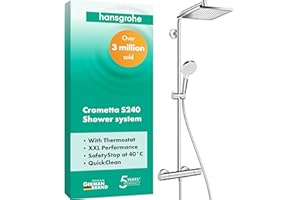 hansgrohe Crometta E - Duschsystem mit Thermostat, Regendusche (240 x 240 mm) mit Armatur, Handbrause (2 Strahlarten), Schlauch, Brausestange und eckiger Kopfbrause (1 Strahlart), Chrom, 27271000