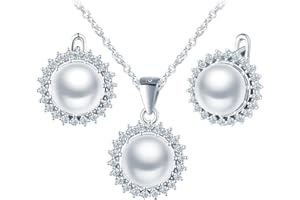 MicLee Collares colgantes y pendientes de perlas para mujer: Juegos de joyas de plata 925 - Pendientes y collar de estilo girasol con circonitas - Joyas de boda elegantes - Joyas de fiesta