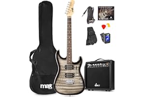 Max Pack Guitare Électrique Style Quilted avec Ampli 40 Watts et Nombreux Accessoires, Housse, Accordeur, Cordes de rechange, Sangle, Câble 3m et Médiators, Kit Complet pour Bien Débuter - Noir