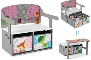 RELAX4LIFE Set Tavolo e Sedia per Bambini 3 in 1, Cassapanca Convertibile Senza Attrezzi con 2 Cesti Portagiocchi e Scrivannia con Sedie