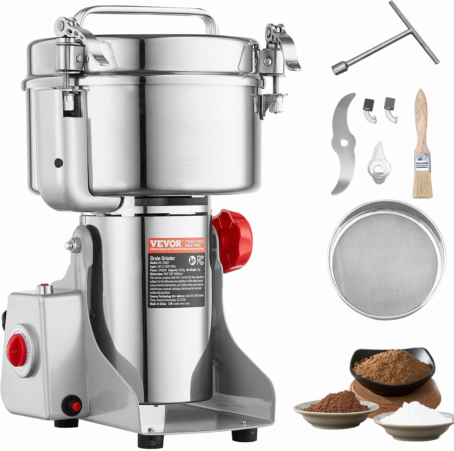 VEVOR Molinillo de Especias Comercial Capacidad de 2500 g Molinillo de Cereales Eléctrico 3400 W Molinillo de Alta Velocidad 32000 rpm para Granos Secos Especias Cereales Café Maíz Pimienta