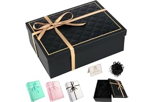 Presentlåda med lock 25 x 18 x 8,5 cm, rektangulär presentask (svart) | med rosett, raffia och gratulationskort, presentförpackning till födelsedag, jul och alla hjärtans dag
