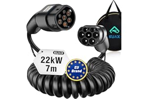 ‎KUAX KUAX Typ 2 Ladekabel 22KW - 3Phasen Spiralladekabel mit 32A, 7M, 22KW, IP54, IEC-62196-2 geeignet für Model S/3/X/Y | e-Golf/e-UP/ID.3 | i3/i8(Schwarz)