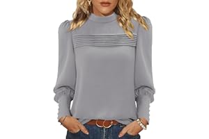 KISSMODA Womens Puff Long Sleeve Mock Neck Blouses Pleated Front Shirts Basic Trendy Dressy Tunic Tops Solid Color Fall Outfits with Button Cuff