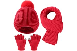 Yaopelky Juego de guantes para pantalla táctil, gorro de punto cálido con pompón, bufanda larga, calentador de manos