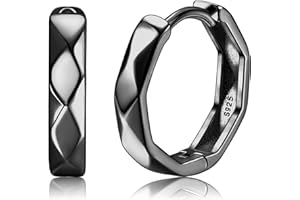 KRFY Hoop Earrings 925 Silver for Men Small Light Sleep Rhombus Shaped Cutting Texture Hoop Earrings Highly Polished Black Silver Hoop Earrings for Men Women Inner Diameter 15 mm