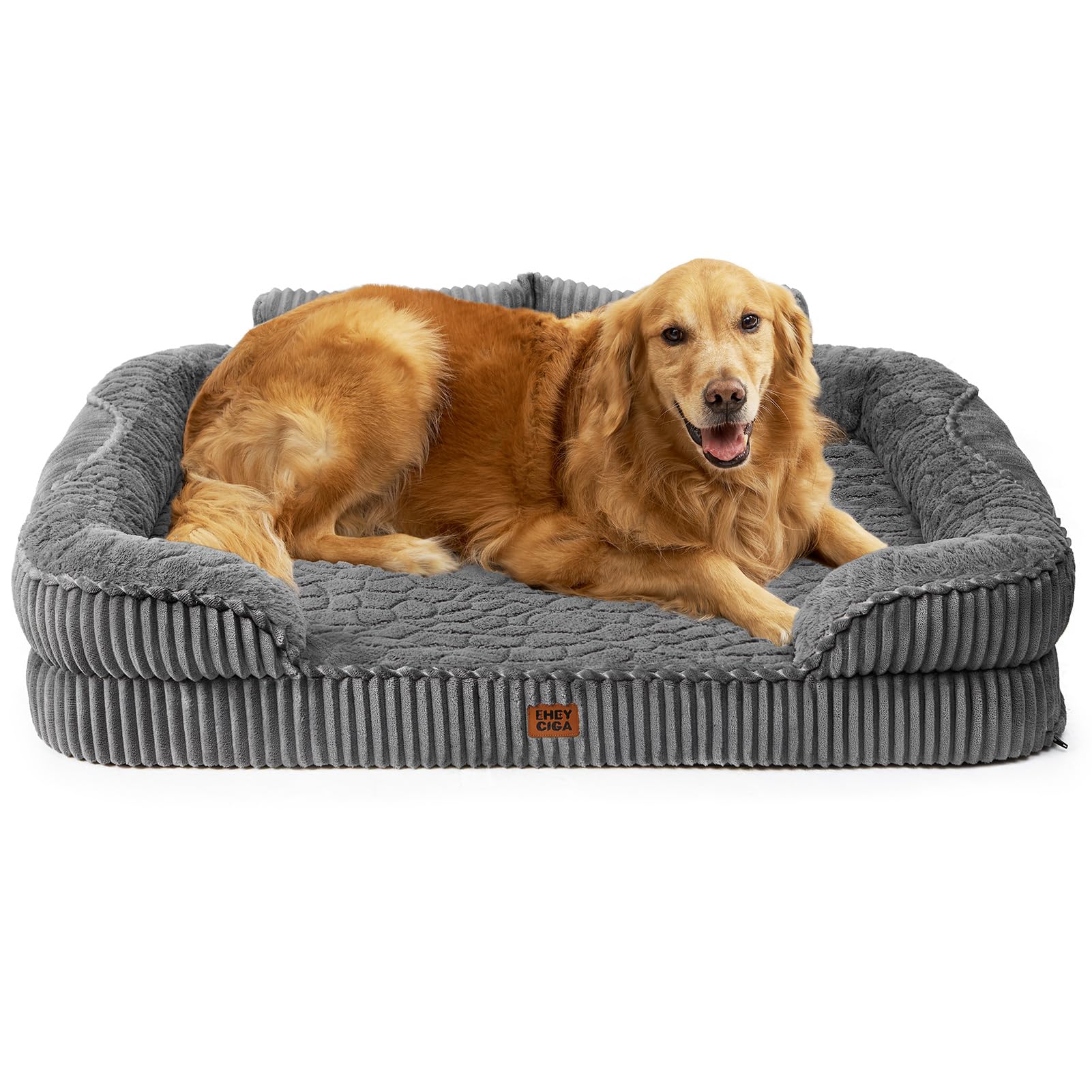 EHEYCIGA Panier Chien XXL Grande Taille Orthopédique avec Dossier Haut 107x76cm, Lit Chien à Mémoire de Forme, Canapé pour Chien Déhoussable et Lavable, Coussin Chien Imperméable, Gris - 1