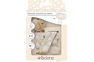 BIOLANE - Attache tétine bébé - Pour tétine anatomique - Tissu 100% coton - Beige - Fixation Silicone - Clip en bois et métal - Double Sécurité & Anti-glisse