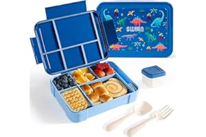 Swkien Brotdose Kinder Mit 6 Fächern, 1300ml Bento Box Auslaufsicher, Jausenbox Besteck(Löffel & Gabel), Lunchbox SpüLmaschinen Mikrowellenfest, Brotbox für Kindergarten Schule(Blau