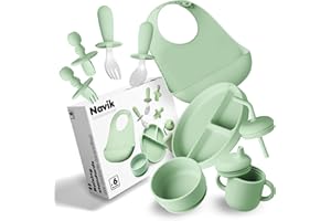 Navik | set pappa svezzamento da 10 pezzi | piatto con ventosa per bambini | bicchiere bambino con cannuccia | ciotola e posate in silicone | Verde