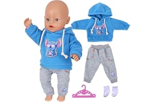 CARREUTY Sweet Baby Doll Clothes for 14-18 Inch Baby Doll, 4 Pcs Blue Puppy Doll Outfits with Hooded Sweatshirt Grey Trousers Socks Hanger Compatible with with New Born Baby 35-43 cm Dolls Girls Birthday