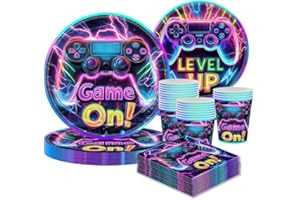 CANCJ Videospie Partygeschirr Set für 10 Gäste – 10 Teller 9", 10 Teller 7", 10 Tassen, 20 Servietten, Spiel Party Deko Kinder Geburtstag Gamer Mottoparty Jungen Mädchen Videospiel Deko