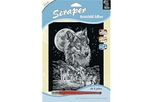 MAMMUT SPIEL & GESCHENK Mammut 136017 - Kratzbild Motiv Wölfe, silber, glänzend, Komplettset mit Kratzmesser und Übungsblatt, Scraper, Scratch, Kritzel, Kratzset für Kinder ab 8 Jahre
