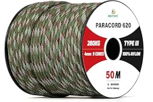Brotree Paracord 4mm 9 Strängen 100% Nylon Schnüre (15m, 30m, 50m, 100m) Type III Seil für Survival, Outdoor, Heimwerken - Bruchlast 280kg (Armee Grün Tarnung, 50m)