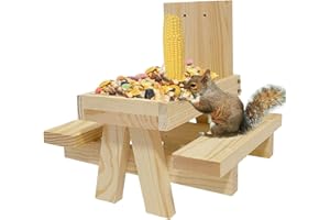 KATHSON Squirrel Picnic Table Feeder Wooden Squirrel Feeders Corn Cob Holder for Outside with Fenced Tabletop Bench Chair Outdoor Chipmunk Feeder for Wildlife Animal Lovers