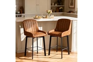 FiveWillowise Barhocker 2er Set, 360° Drehbar Barstuhl, Sitzhöhe 65.5 cm, Kunstleder, Verstellbare Füße, Küchenstuhl mit lehne für Kücheninsel, Hausbar und Bartheke, Brauner Klassikton